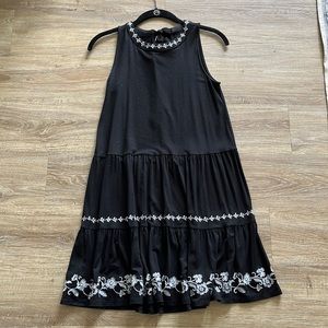 LOFT Petite Embroidered Tie Neck Tiered Swing Dress